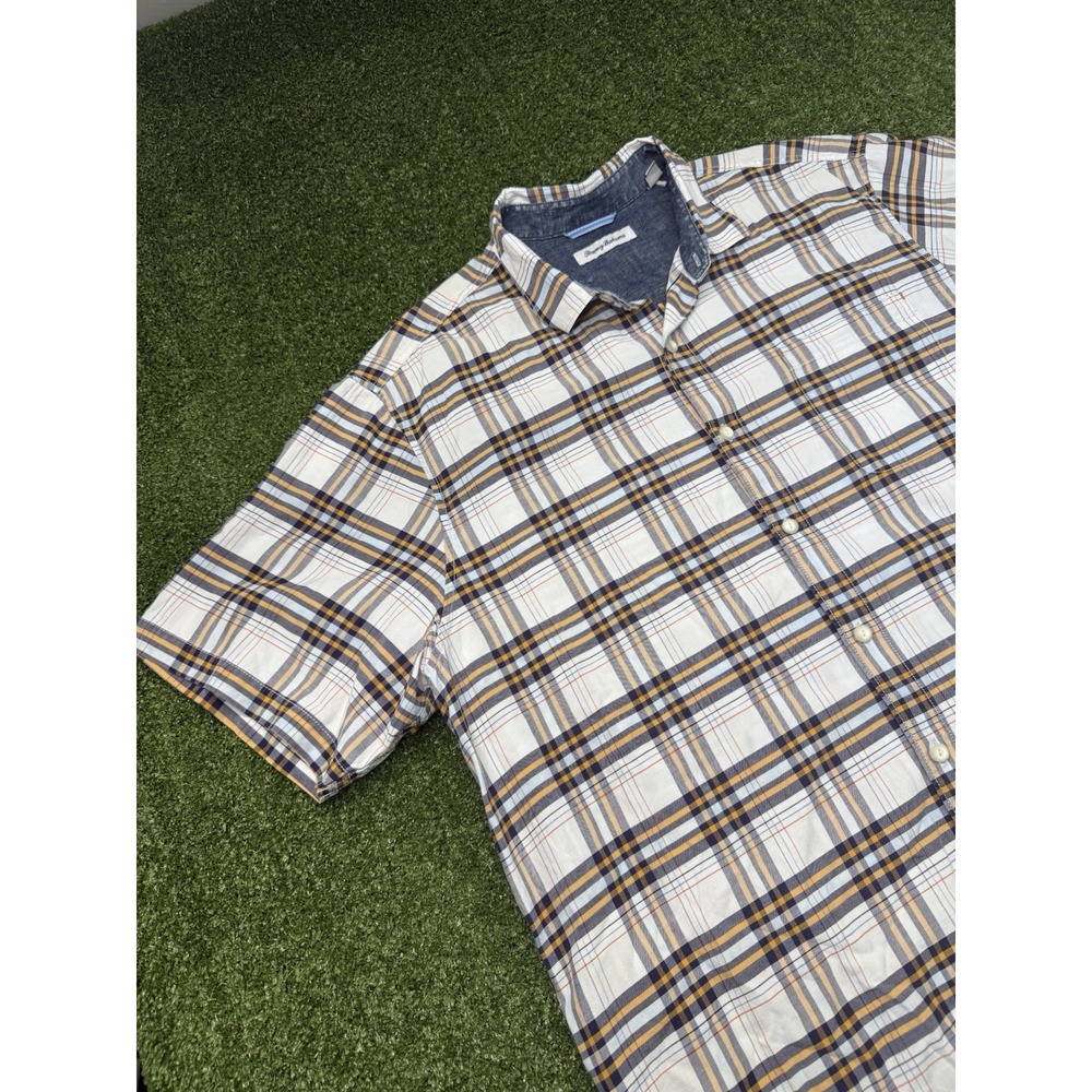 Tommy Bahama XXL Plaid Short Sleeve Button Front Shirt Tencel Cotton Marlin